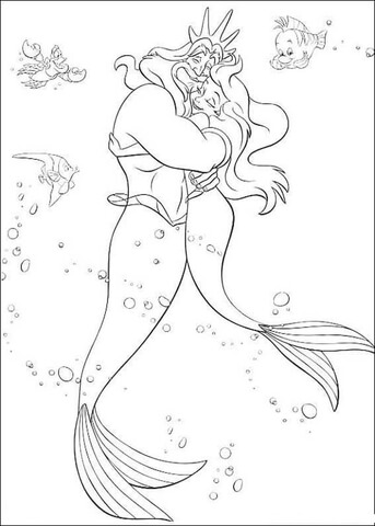 Triton Loves His Daughter Ariel Coloring Page